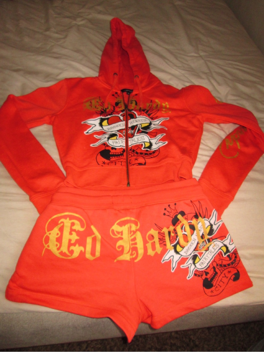 Ed Hardy Orange Graphic Zip-Up Hoodie and Shorts Set - Picture 2 of 5